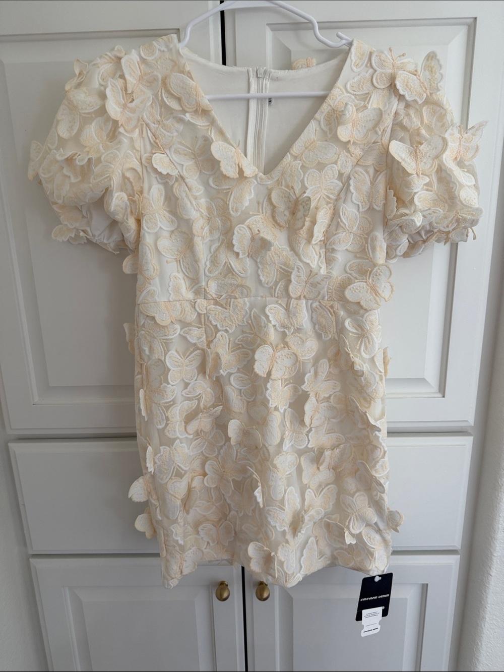 Ivory Floral Appliqué V-Neck Mini Dress
